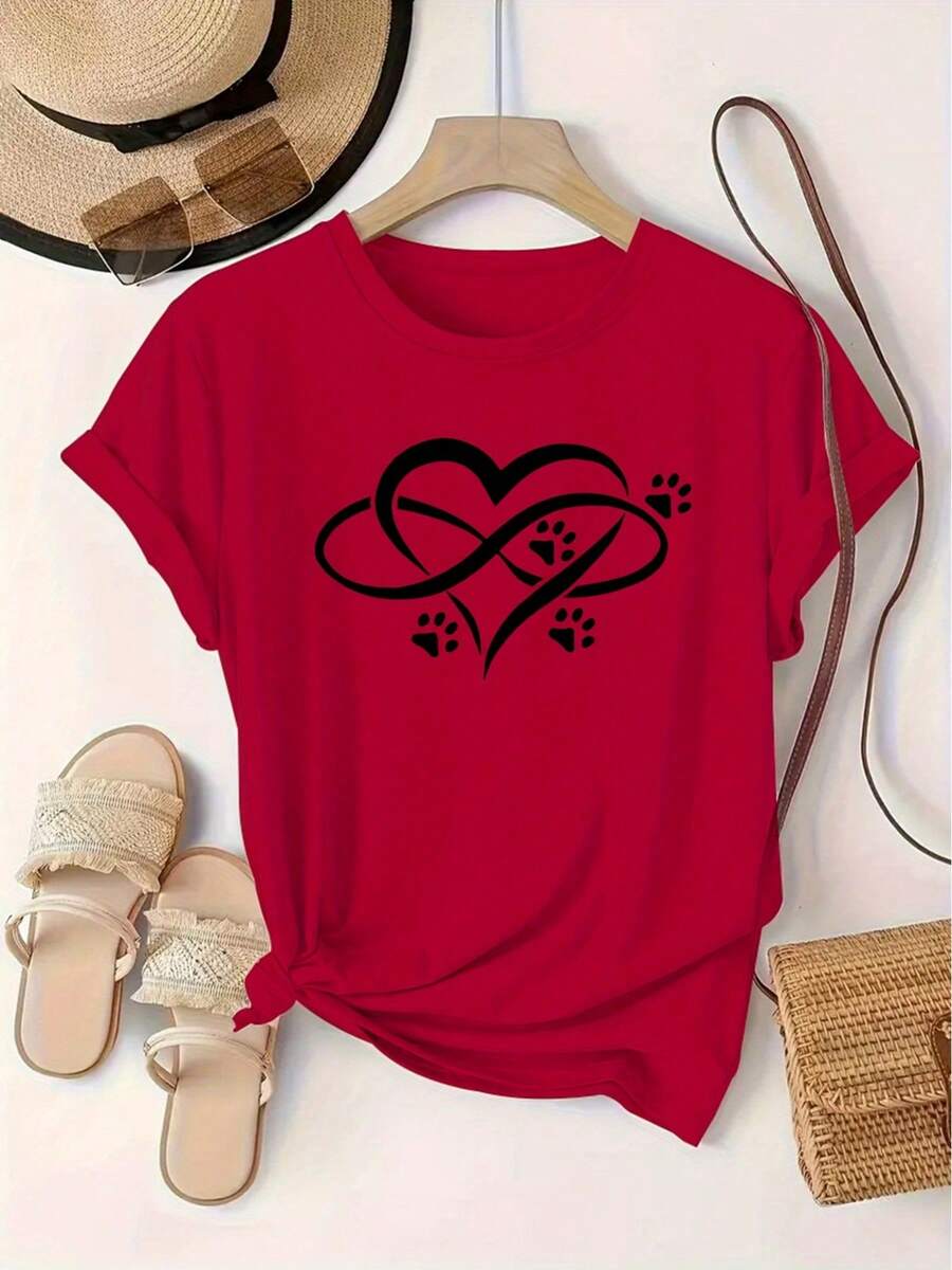 Camiseta de manga corta con cuello redondo y estampado de corazones, estilo europeo y americano. Camiseta de algodón puro para mujer con diseño estampado. 3CHX - Rojo - Ver 1