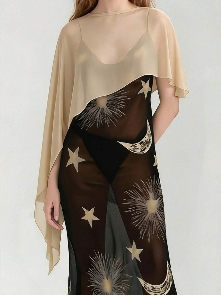 Poncho de malla transparente para mujer, color liso, cuello redondo, dobladillo asimétrico, chal suelto, capa. - Caqui - Ver 1