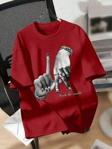Women's Plus Size Black T-Shirt With Los Angeles Hand Gesture Print, Y2K Street Fashion Style, Comfortable And Versatile, Casual Streetwear, Autumn Top {S-4XL} Relaxed Plus Size T-Shirt, Women's Tees - 紅色 - 查看 1