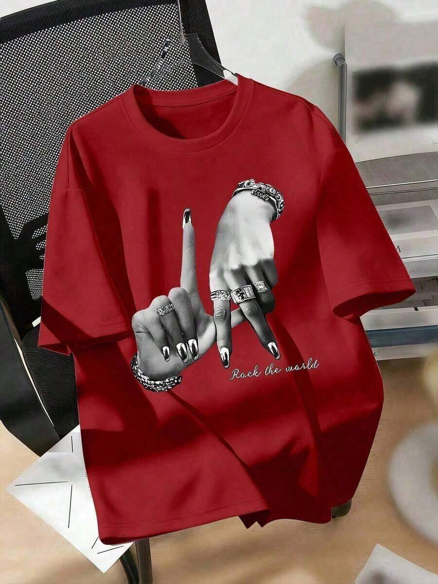 Women's Plus Size Black T-Shirt With Los Angeles Hand Gesture Print, Y2K Street Fashion Style, Comfortable And Versatile, Casual Streetwear, Autumn Top {S-4XL} Relaxed Plus Size T-Shirt, Women's Tees - 紅色 - 查看 1