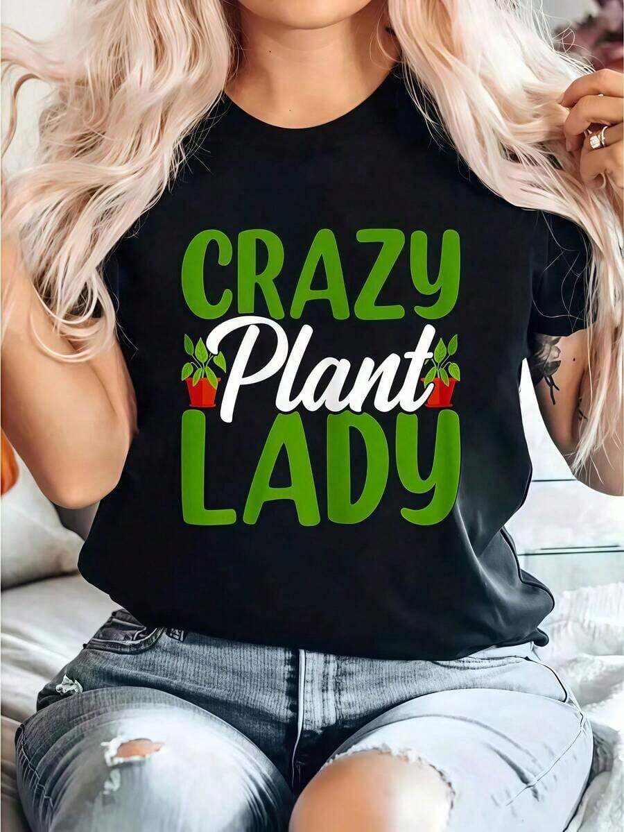 Camiseta Estampada Crazy Plant Lady Camiseta Divertida Con Diseño De Señora De Las Plantas Camiseta Casual De Cuello Redondo De Manga Corta Cómoda Para Primavera Y Verano, Ropa De Mujer Summer Essentials,Summer Outfits For Women,Graphic Tees blusas para mujer camisa - Negro - Ver 1