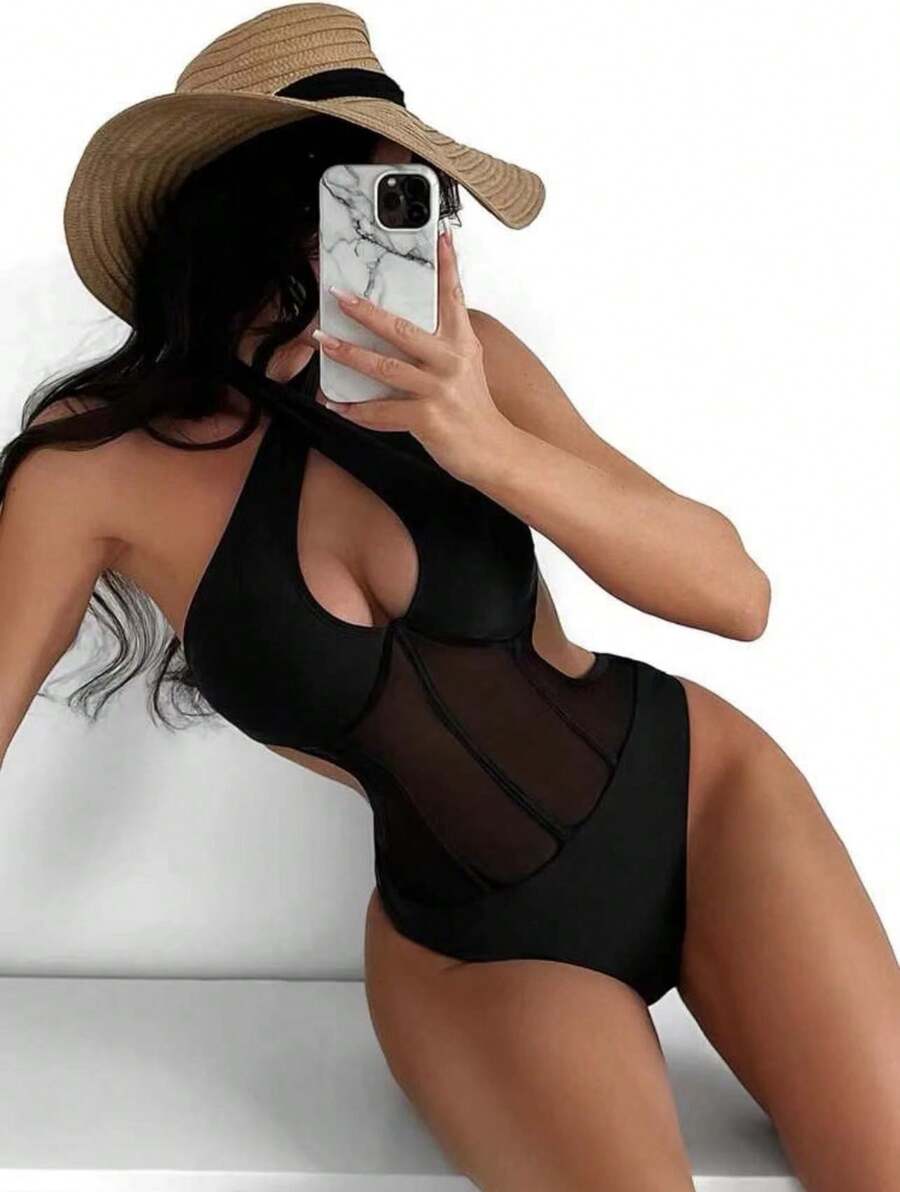 Nuevo y sexy traje de baño de una pieza con detalles de malla. - Negro - Ver 1