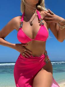 Nuevo traje de baño de tres piezas con falda larga de malla y diamantes brillantes de color sólido. - Rosa Fucsia - Ver 8