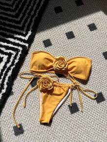 Nuevo bikini de color sólido rosa sin tirantes con cordón ajustable bikini9150 - Rojo sandía - Ver 8