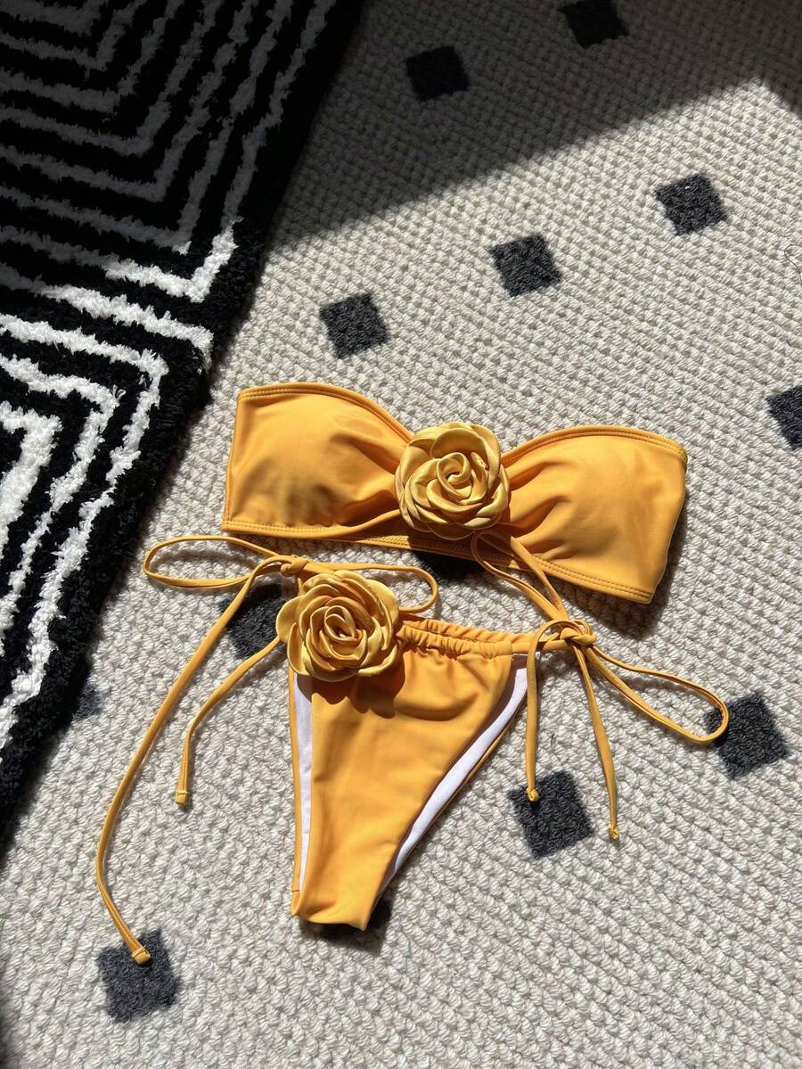 Nuevo bikini de color sólido rosa sin tirantes con cordón ajustable bikini9150 - Amarillo - Ver 1