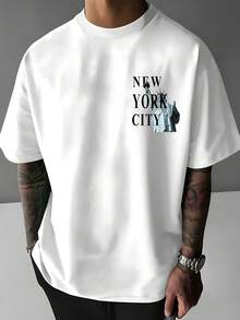 Camiseta de estilo casual con cuello redondo, camiseta con estampado de la Estatua de la Libertad de Nueva York, fibra de poliéster - transpirable y cómoda, camiseta de cuello redondo con hombros ligeramente caídos. - Blanco - Ver 8