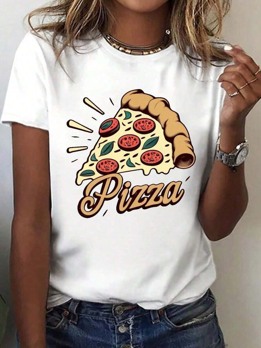 Camiseta Holgada Sencilla Mujer Estilo Moderno Una camiseta retro con estampado de pizza, de manga corta y cuello redondo, casual y adecuada para primavera y verano, diseñada para mujeres.ropa mujer Camiseta Mujer Estampado Gráfico Verano 2026 - Blanco - Ver 1