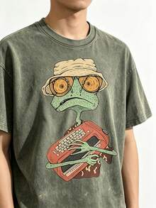 Vintage Washed Frog T-Shirt | Retro Cartoon Graphic Tee | 100% Cotton Oversized Streetwear - 軍綠色 - 查看 2