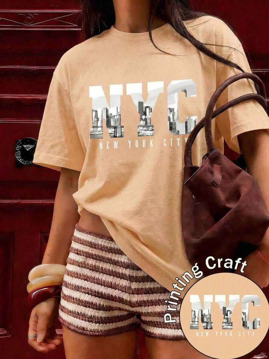 Camiseta Casual para Mujer con Estampado Gráfico de Nueva York, Cuello Redondo Negro, Manga Corta, de Poliéster con Ligera Elasticidad, Largo Regular para un Estilo Urbano Chic TJ9D - Albaricoque - Ver 1