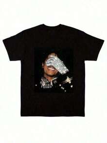 Camiseta estampada, camisetas gráficas de algodón talla grande, cuello redondo de dibujos animados, manga corta, camiseta clásica 2026 de , estilo King Of Pop  Rap, camiseta negra con eslogan, top de culturismo, estilo boyfriend, ropa casual adecuada para todas las estaciones, camiseta gráfica para hombre, playera de hombre, camisetas para hombre, camiseta gráfica con guante de Jackson, camiseta deportiva de ocio para hombre y mujer, ropa de verano Y2K, camisetas para hombre y mujer, camiseta gráfica ligera y transpirable 100% algodón - corte regular, cuello redondo, atuendo casual - camisetas de verano de manga corta con cuello redondo, tela de elasticidad media, ajuste cómodo para todas las estaciones, camiseta con patrón único, corte relajado, envío gratis, Y2K, camisa de gran tamaño para hombre, con camiseta, tops - Negro - Ver 8
