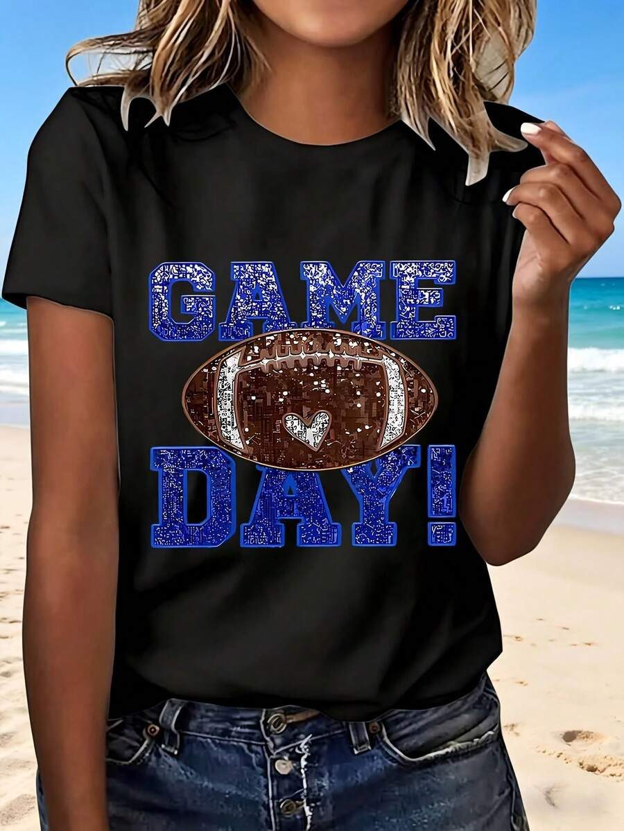 Game Day Football T Shirt With Blue Glitter Text And Brown Football Design Fashionable Casual Wear For Sports Events And Outdoors Perfect Gift For Football Fans - Negro - Ver 1
