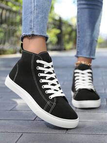 Women's High-Top Sneakers, Classic High-Top Canvas Shoes, Lace-Up Women's Fashion Sneakers - Black and White - View 2