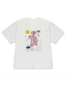 [Alta calidad]Camiseta de manga corta holgada con estampado de dinosaurio rosa, estilo japonés, para mujer, estilo informal y divertido,  de verano. - Blanco - Ver 7