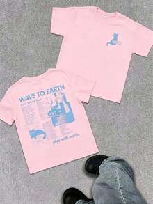 WAVE TO EARTH Play With Earth Letters Kitten Print Men's T-Shirt, Simple Art Harajuku Style, Band Music Kitten T-Shirt, Fashion Casual Loose Men And - 粉色 - 查看 1
