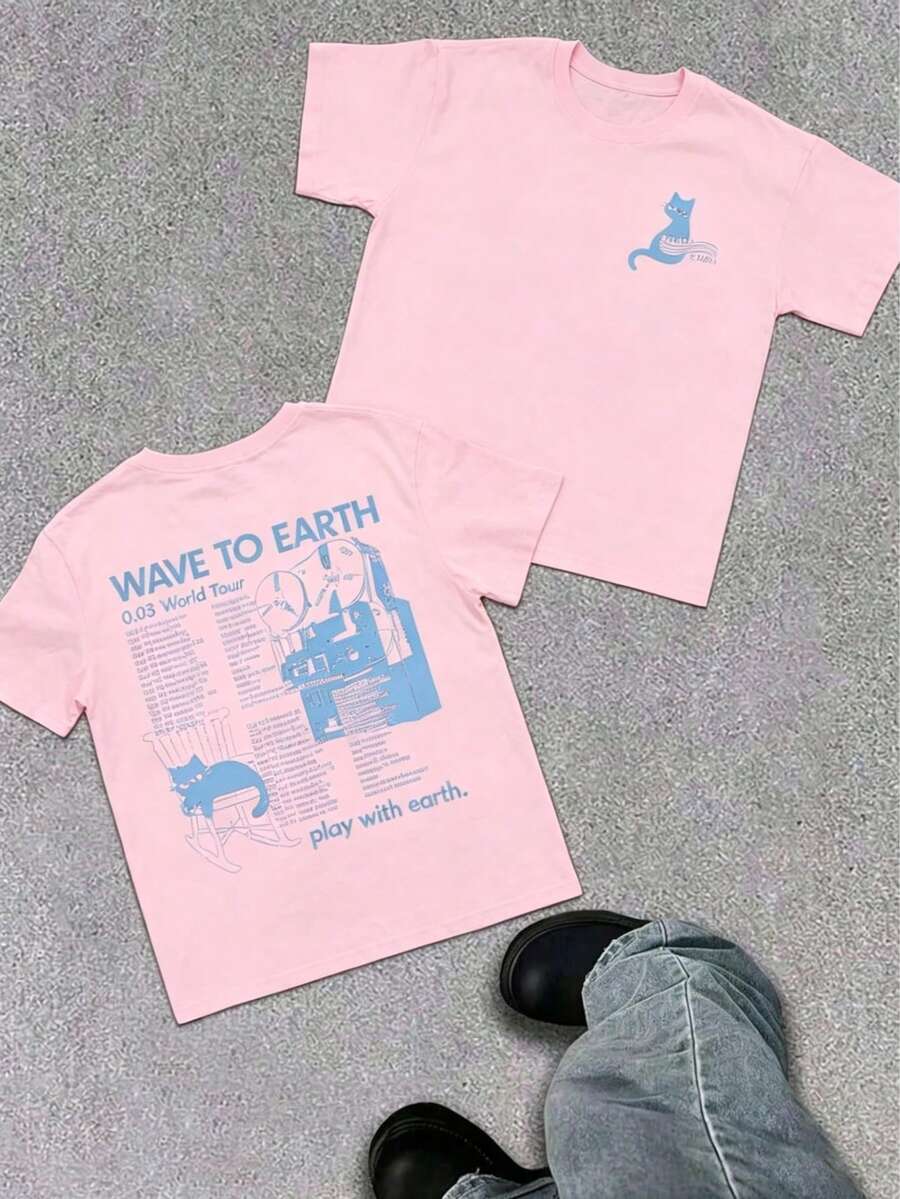 WAVE TO EARTH Play With Earth Letters Kitten Print Men's T-Shirt, Simple Art Harajuku Style, Band Music Kitten T-Shirt, Fashion Casual Loose Men And - 粉色 - 查看 1
