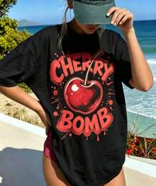 Casual T-shirtCasual Fruit & Letter Print-Shirt Women, Soft Fabric, Loose Fit And Crew Neck Short Sleeve Design. 180g Washable Material, Versatile Spring And Summer. Easy To Match With Various Outfits Daily Casual Looks.100% CottonDurable - Negro - Ver 7