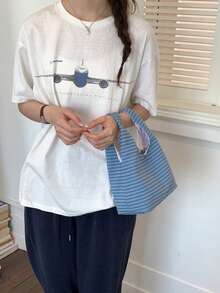 1 pieza Bolso de mano de nailon con parche de cuadros, bolso de mano con parte superior abierta para mujeres, bolso de mano pequeño para uso casual y diario - Azul - Ver 6