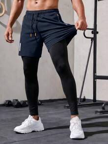 Men's Sports Compression Pants, Summer Elastic 2-In-1 Workout Leggings With Drawstring Waist, Zipper Pockets, Suitable For Running And Fitness Fall - Navy Blue - View 5