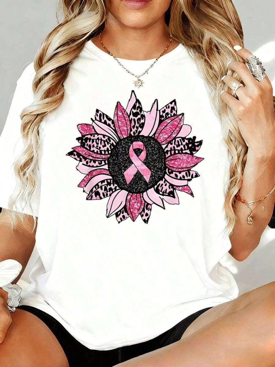 Camiseta de concientización sobre el cáncer de mama con estampado de girasol y cinta rosa, corte holgado informal para mujer, blanca, 180g, para ocio, hogar, exterior, regalo para el Día de San Valentín o fiesta. - Blanco - Ver 1