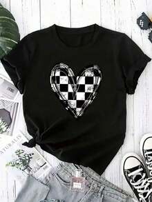 1 Piece Fashionable Casual T-Shirt For Men And Women - Women's Casual T-Shirt With Black And White Checkered Heart Print - Lightweight, Breathable, Short Sleeve, Crew Neck, Machine Washable, Comfortable Fashion Top For Casual Outfits, Everyday Wear T-Shirt. | Checkered Pattern | The Lightweight Fabric Is Versatile, Easy To Match, Suitable For Everyday Wear, Streetwear, Vacation Outfits, And Weekend Wear. - 黑色 - 查看 7