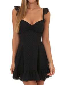 Womens A-Line Dress Dot Jacquard Flying Sleeve V-Neck Chiffon Summer Dress for Party, Beach - Negro - Ver 1