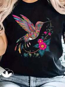 Hummingbird Print Short Sleeve T-Shirt For Women And Men - Black Background With Pink Flowers, Suitable For Gym, Casual Wear, Party, Loose Fit Sweatshirt - Lightweight Top For All Seasons - Easy To Wear Daily And Formal, Cute Sweater, Party Wear, Comfortable Fit, Gym Wear, Fashion Design, Durable Construction, Unisex Clothing, Fashion Enthusiasts, Outdoor Activities, Crew Neck, 100% Cotton - 黑色 - 查看 12