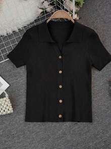 de punto con cuello polo y mangas raglán cortas para mujer, ligera y versátil, ideal para primavera/verano - Negro - Ver 6