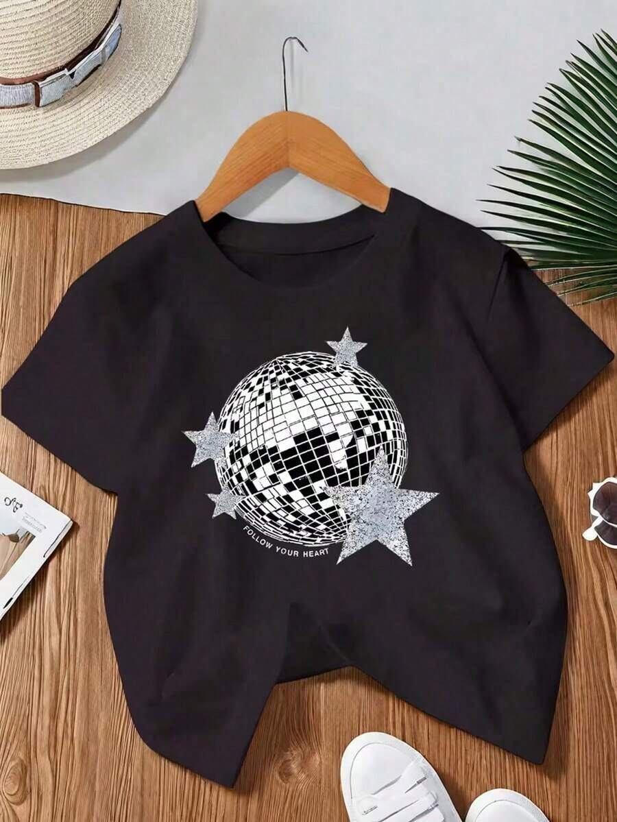 Women's 100% Cotton T-Shirt, Short Sleeve T-Shirt With Glitter Disco Ball Print, Retro Style, The Perfect Birthday Gift, Party Gift - 黑色 - 查看 1