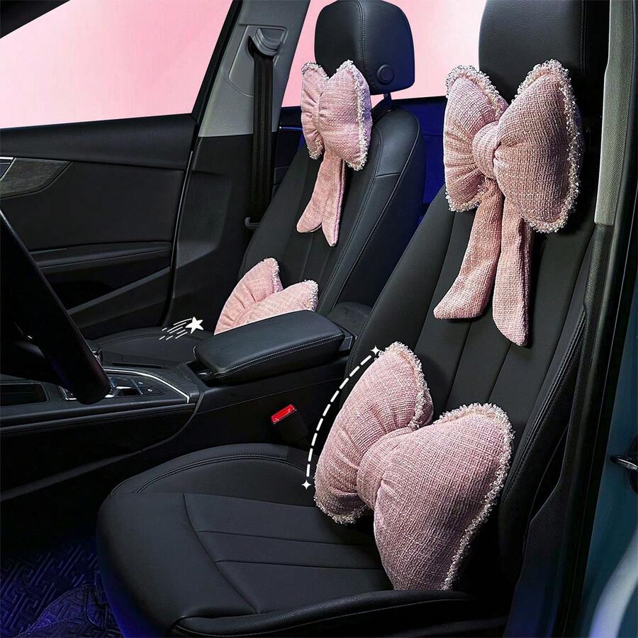 1pc Car Headrest Neck Pillow, Bow Decor Lumbar Support Cushion, Suitable For All Seasons