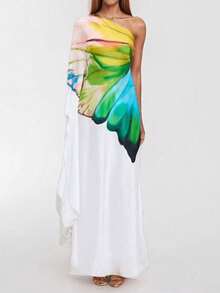 Elegant And Modern Long Printed Dress With An Asymmetrical Shoulder, Spring 2026 - 白色 - 查看 2