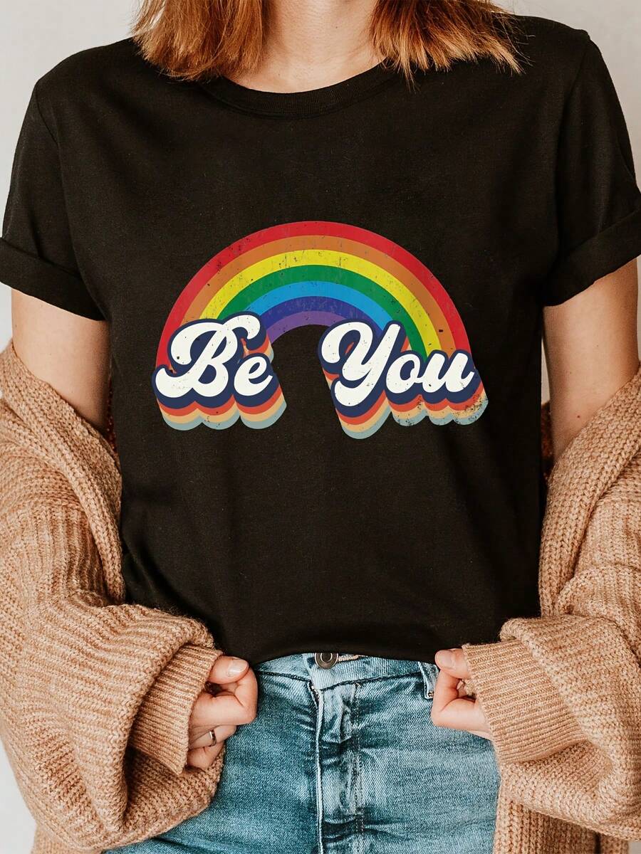 Camiseta de cuello redondo con estampado de arcoíris, camiseta casual de manga corta para primavera y verano, ropa de mujer. - Negro - Ver 1