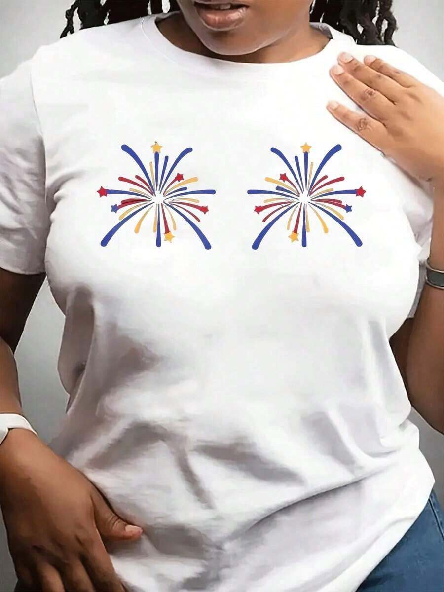 New Women's Casual Short Sleeve Crew Neck T-Shirt | Independence Day Fireworks Pattern, Festive Style, Slightly Stretchy Fabric, A Gift For Family And Friends - 白色 - 查看 1