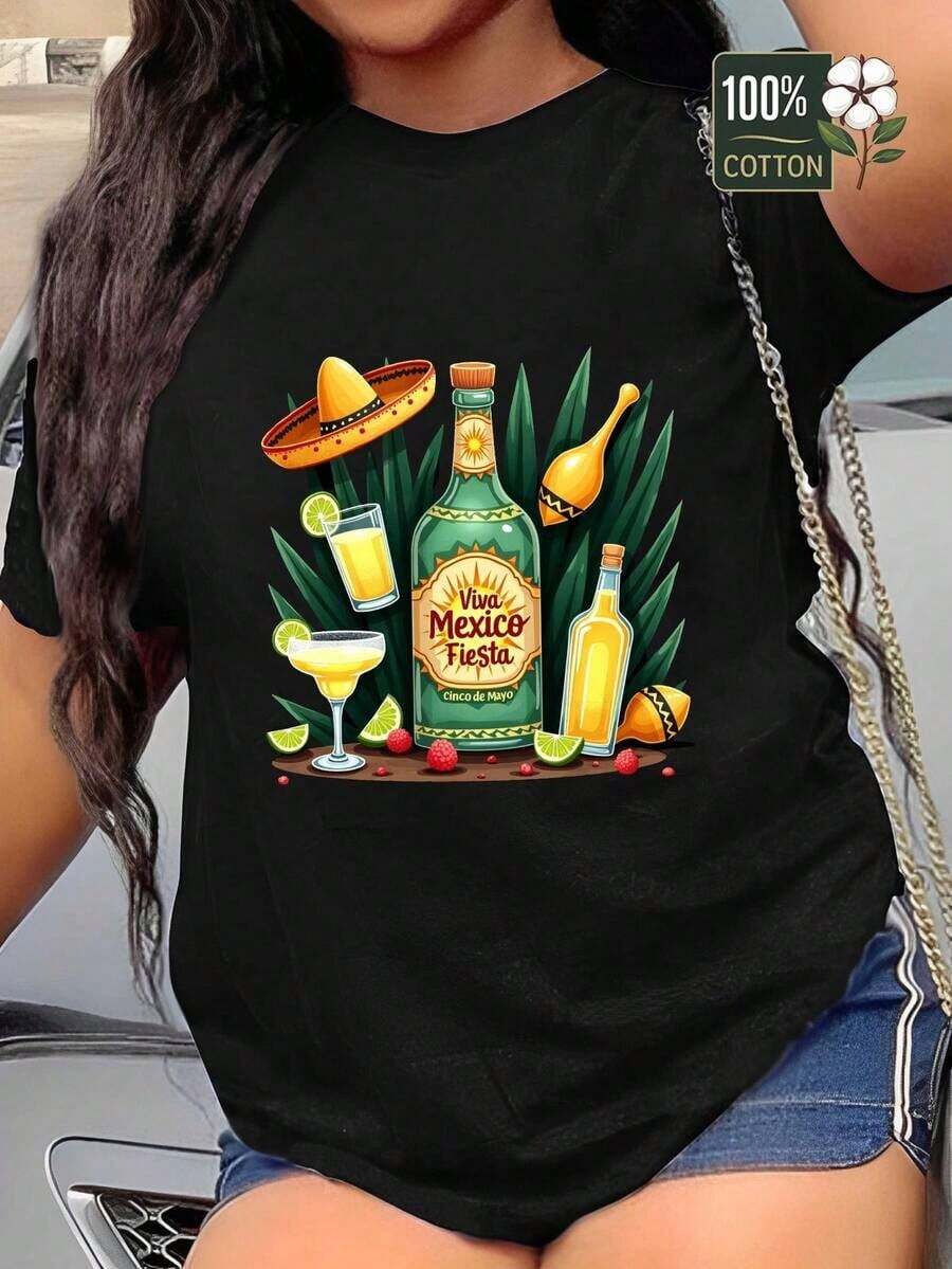 Camiseta unisex de algodón puro, para mujerMexicanoFiestaGráficoCamiseta-VibranteSombrero,Tequila&MargaritaImprimir,CincodeMayoFiestaConjunto de ropaInformalRedondoCuelloComodidadAjustePara todas las estacionesRopa, vestimentademujerblusasparadamacasualescamisasdemujerblusablusasparamujercamisas - Negro - Ver 1