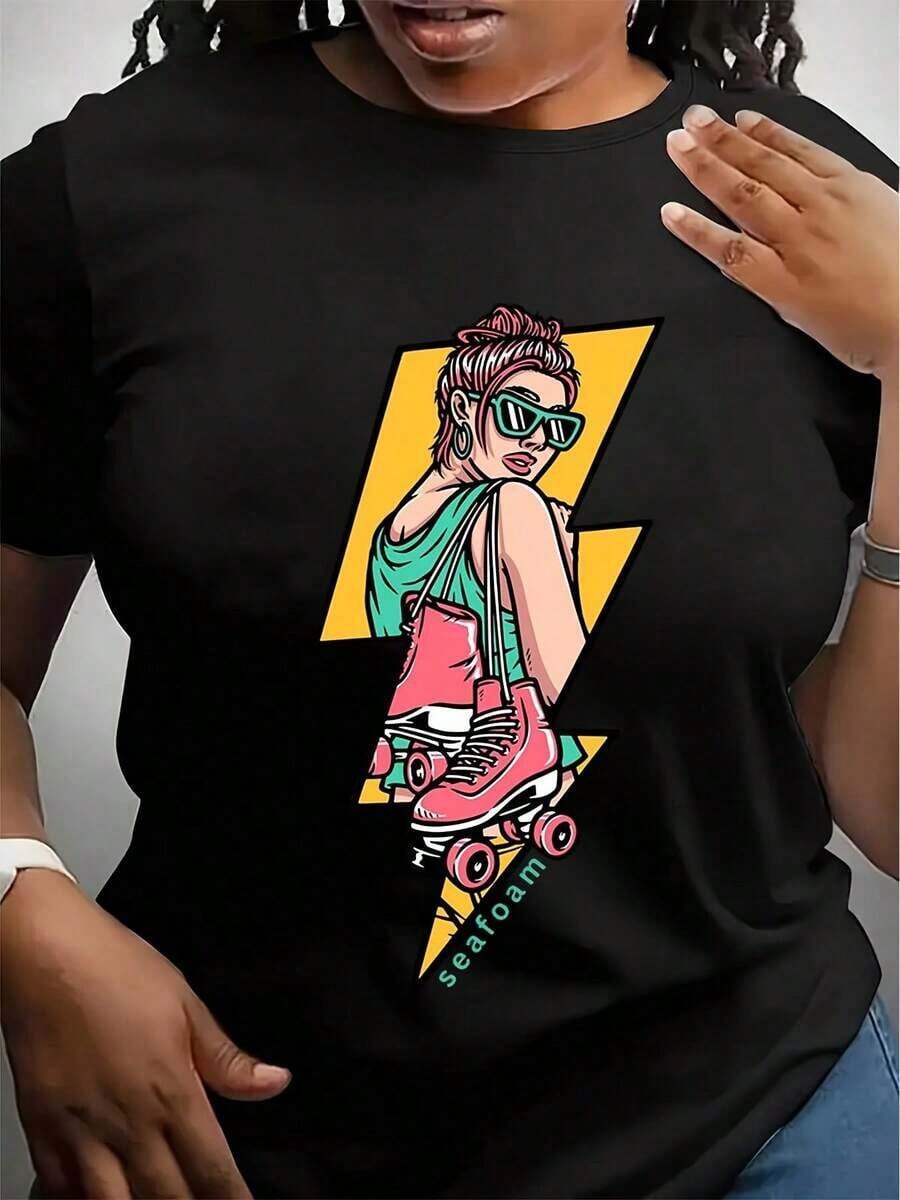 Camiseta de chica "Lightning Bolt Roller" de Seafoam Surf Design.Camiseta de Patinaje sobre Ruedas.Camiseta de Roller Derby.Camiseta de tienda de patinetas. - Negro - Ver 1