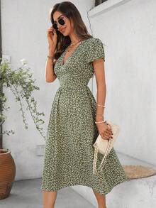 Reflora Vestido midi con estampado floral diminuto, de manga corta, cuello en V y cintura ceñida, con bolsillos, para uso casual diario, tallas grandes para mujeres - Verde - Ver 3