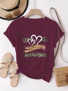 Glitter Heart Print T-Shirt With Leopard Print Design,  And Breathable, Suitable For Family Trips, School Activities, Casual Sports, Daily Commutes, Matching Sister Outfits, Versatile T-Shirt. 9XO7 - 紫紅色 - 查看 4