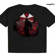 Camiseta gráfica de anime con paraguas para hombre  Negra con detalle rojo, camiseta ligera de verano, cuello redondo, corte casual, dise?o de estampado llamativo, tejido duradero, ideal para cosplay - Negro - Ver 2