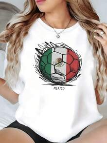 Balón con los colores de la bandera de México y escudo nacional simbolizando orgullo pasión y fuerza por el fútbol mexicana camiseta de mujer casual cómoda y moderna - Negro - Ver 6