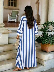Spring/Summer Women's Long Dress, Featuring Wide Stripes And Color Block Design Elegant - Dark Wash - View 5