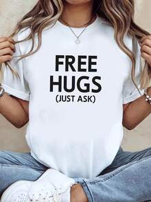 Camiseta blanca de manga corta y cuello redondo con estampado "FREE HUGS" (solo pregunta), corte casual y cómodo, tela de elasticidad media, versátil para el uso diario, diseño elegante. - Blanco - Ver 1