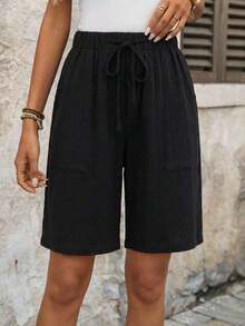 Pantalones cortos tipo bermudas a rayas con bolsillos laterales, de corte amplio y cintura media, estilo básico - Multicolor 2 - Ver 3