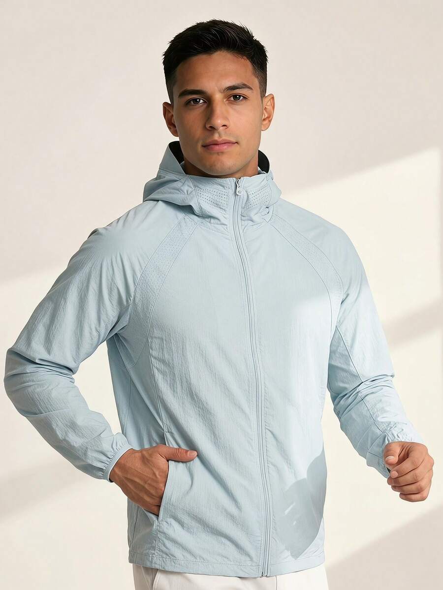 Driftmere Men's Lightweight Quick-Dry Windbreaker Jacket With Face Mask, Outdoor Sun Protection Sport - Baby Blue - View 1