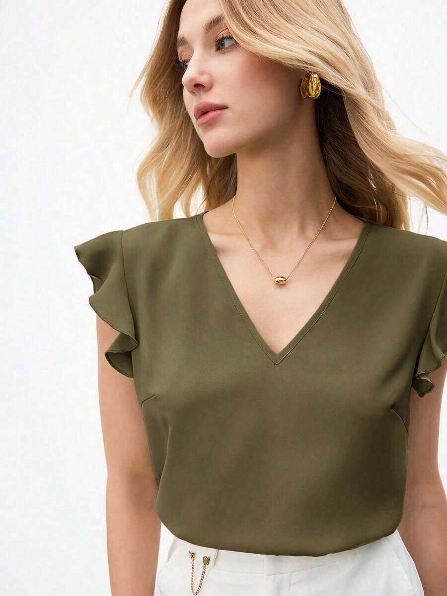 Blusa holgada de manga abullonada y cuello en V para mujer, estilo urbano básico, elegante y minimalista para uso casual en la oficina, adecuada para maestras y atuendo de negocios, otoño - Verde militar - Ver 1