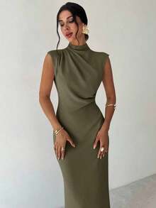Vestido largo de verano elegante y minimalista para uso diario, viajes y ocasiones casuales, con cuello mao, mangas drapeadas y cintura ceñida, color albaricoque - Verde militar - Ver 6