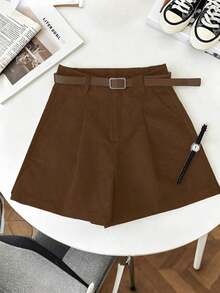 Pantalones cortos versátiles y casuales para mujer, pantalones cortos blancos de pierna ancha para ropa universitaria - Marrón - Ver 1