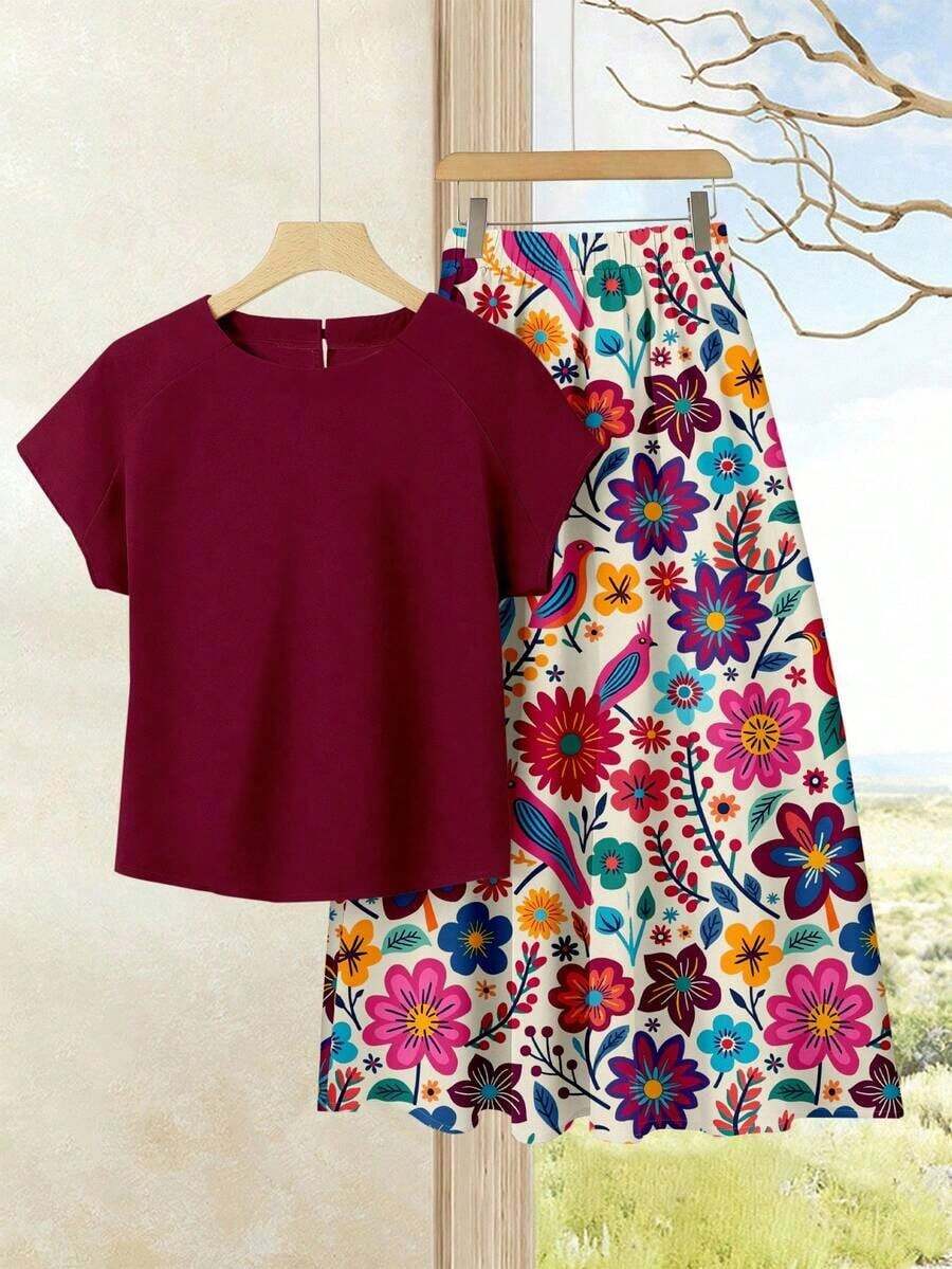 2 piezas Conjunto de top casual de unicolor + falda estampada para vacaciones de mujer, Conjunto de ropa de verano para mujer, Conjunto de falda de verano, Conjunto de falda y top, Conjunto de falda y top para mujer, Conjunto de falda estampada - Multicolor 2 - Ver 1