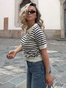 Top holgado de punto de mujer de cuello polo a rayas de manga corta, para primavera y verano - Blanco y Negro - Ver 4