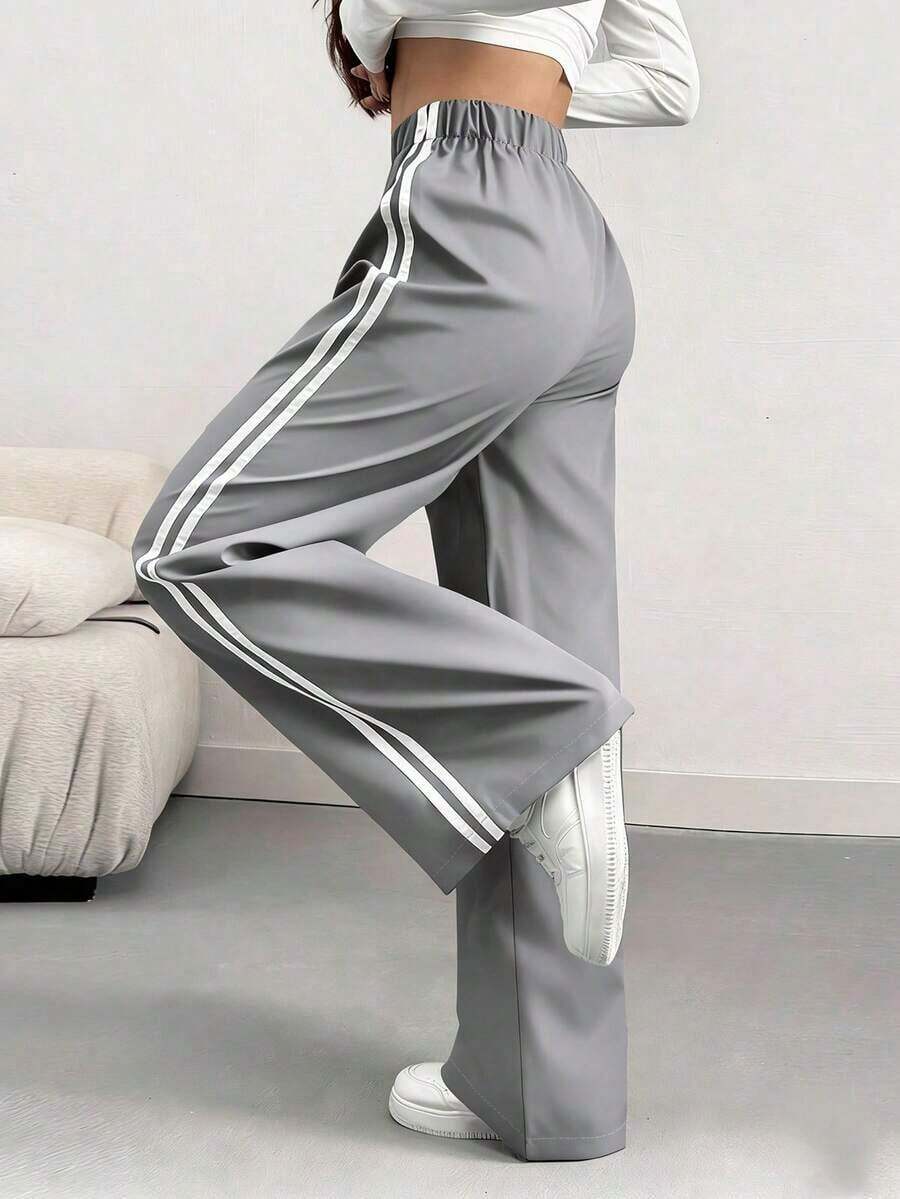 Pantalones informales de mujer con pierna suelta y efecto de contraste de color, para primavera/verano - Gris Pedernal - Ver 1