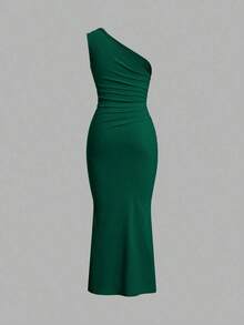 Vestido largo de tipo cola de pez minimalista con hombro asimétrico en color liso, arrugado, para uso diario casual - Verde Oscuro - Ver 2