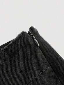 Falda Vaquera De Mezclilla Para Mujer En Color Sólido Con Borde Desfilachado - Negro 2 - Ver 3